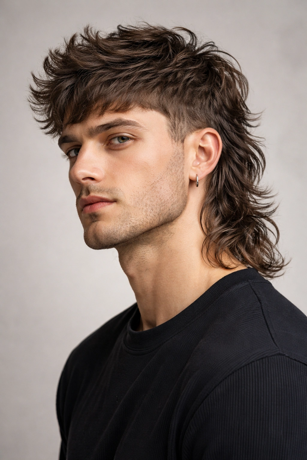 Close up of modern wavy mullet with textured crown and flowing back in studio lighting
