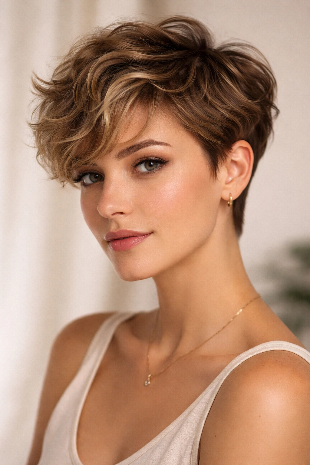 Close-up of a wavy pixie cut with 2-3 inch top waves and tapered sides.