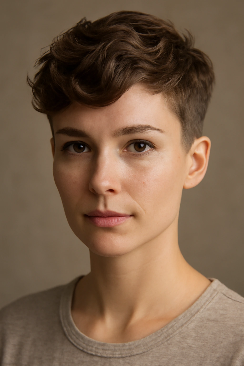 Portrait of a woman with a wavy pixie top and short sides