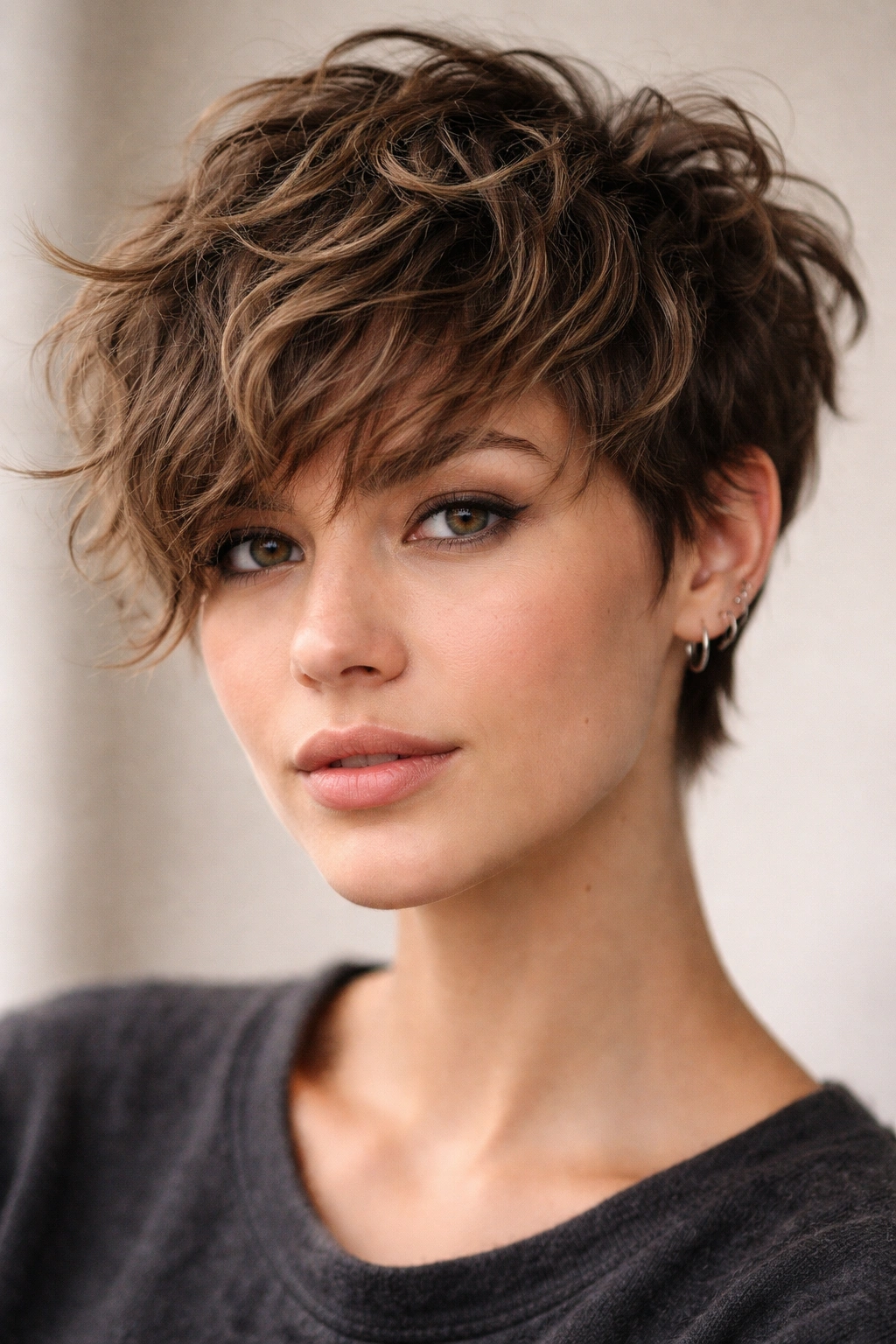 Close-up of a wavy textured pixie cut with longer layered ends enhancing natural waves