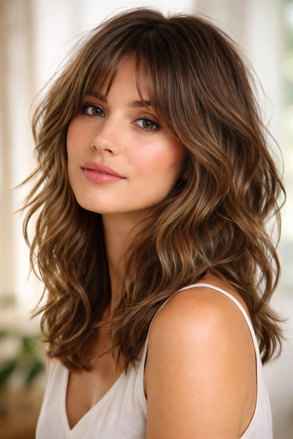 Profile view of a person with a wavy shag cut featuring face-framing layers and natural waves