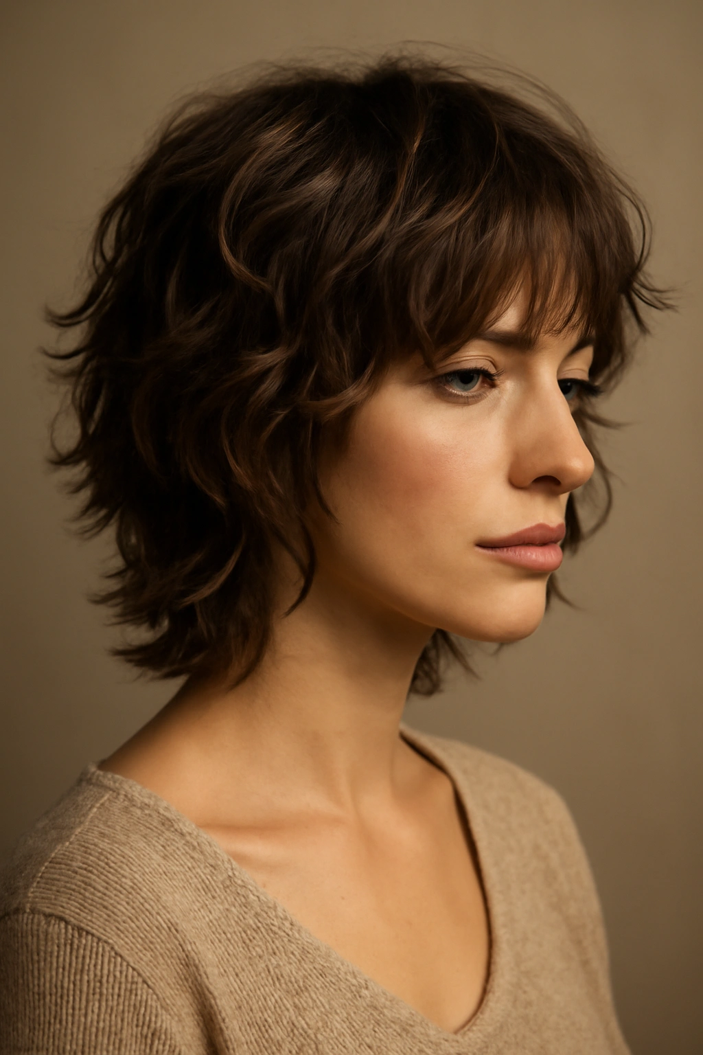 Three-quarter view of a wavy shag haircut with soft, flowing waves