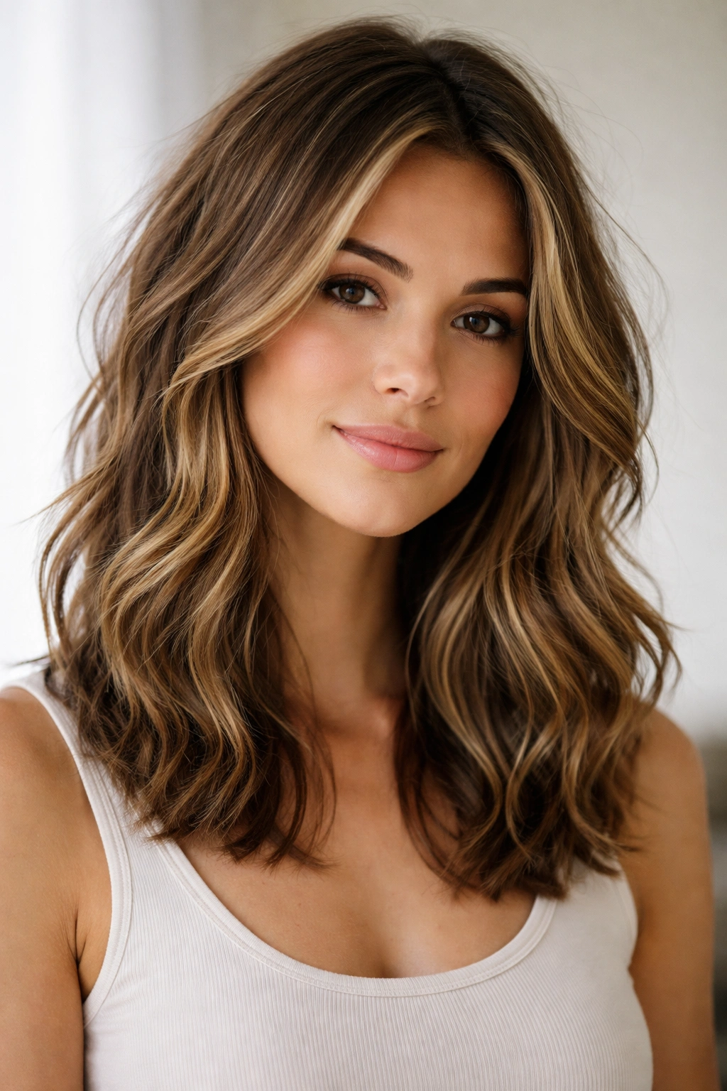 Head-and-shoulders portrait of a wavy shoulder cut with longer layers emphasizing wave texture.