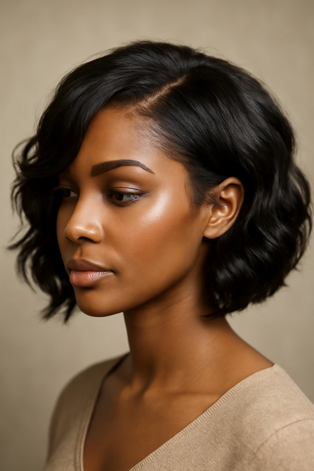 Three-quarter view of a Black woman with a wavy side-swept bob.