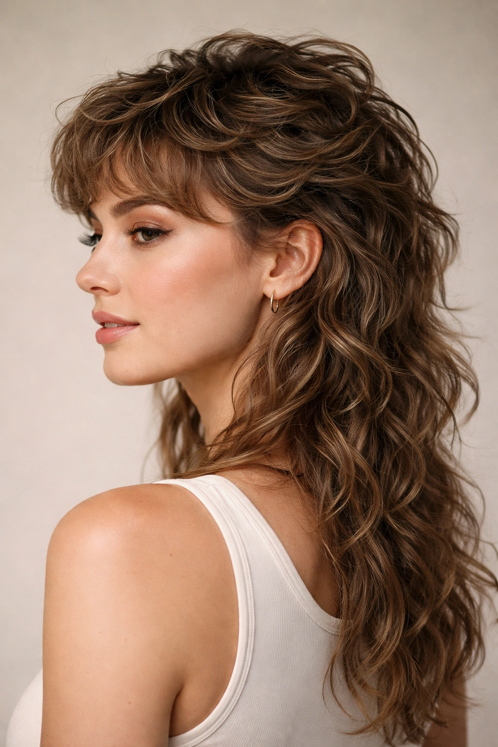 Close-up of person with wavy texture mullet showing defined top waves and long back waves