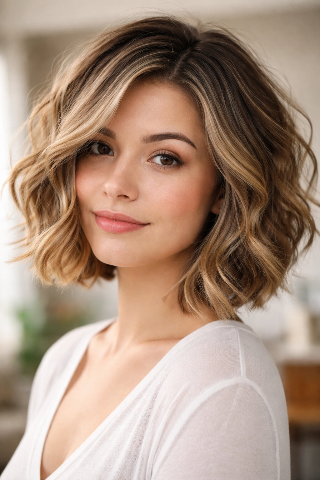 Wavy textured bob on round face emphasizing movement