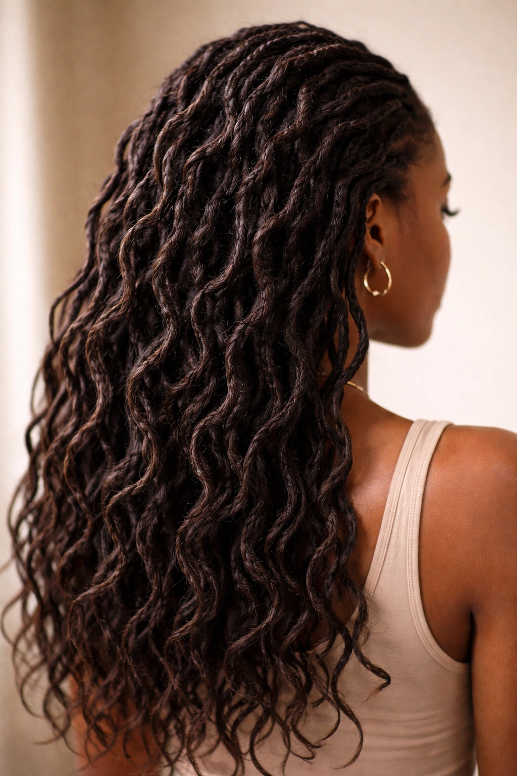 Close-up of wavy textured locs with defined waves and shine
