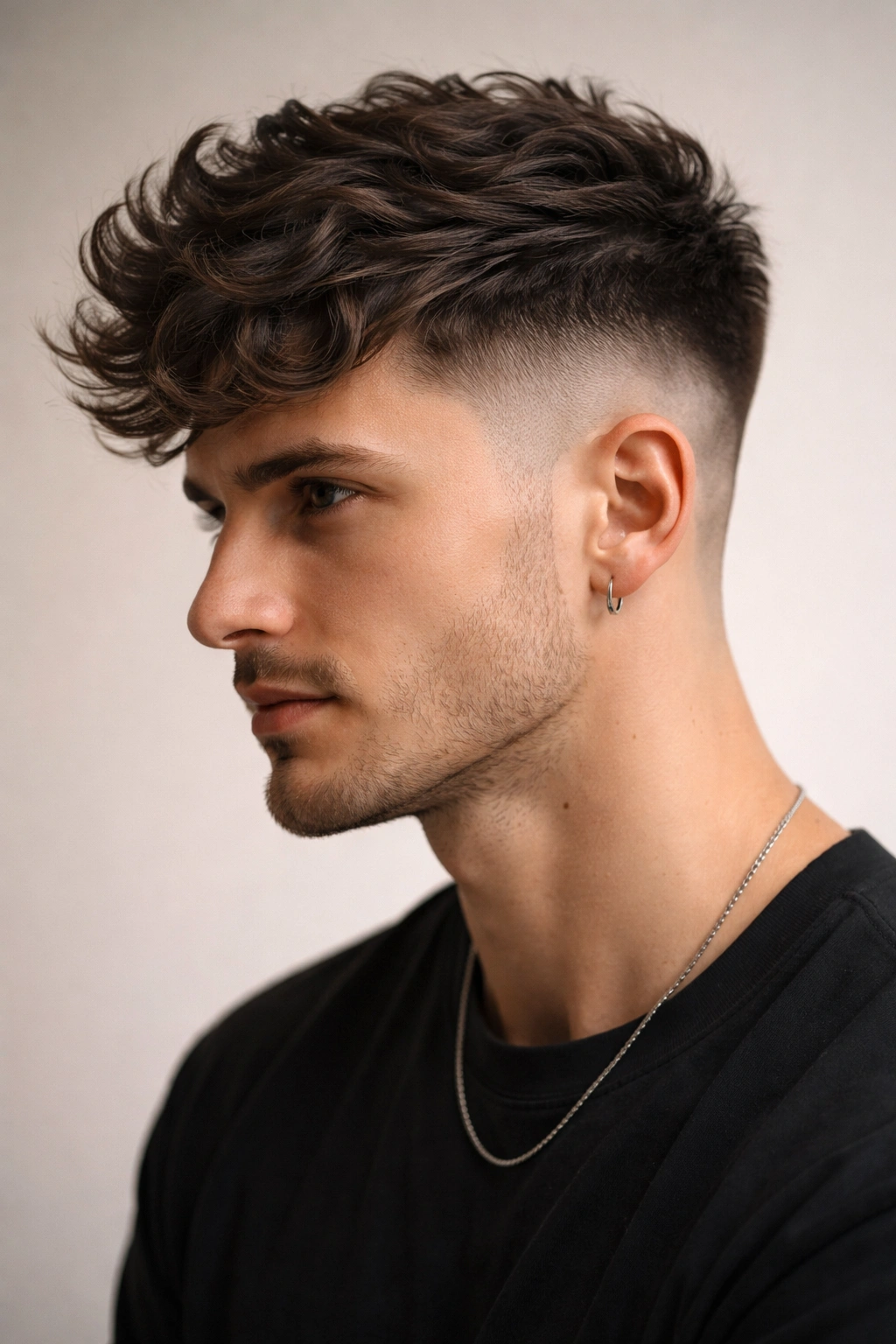 Close-up of a person with a wavy top and shaved sides, highlighting the wavy undercut.