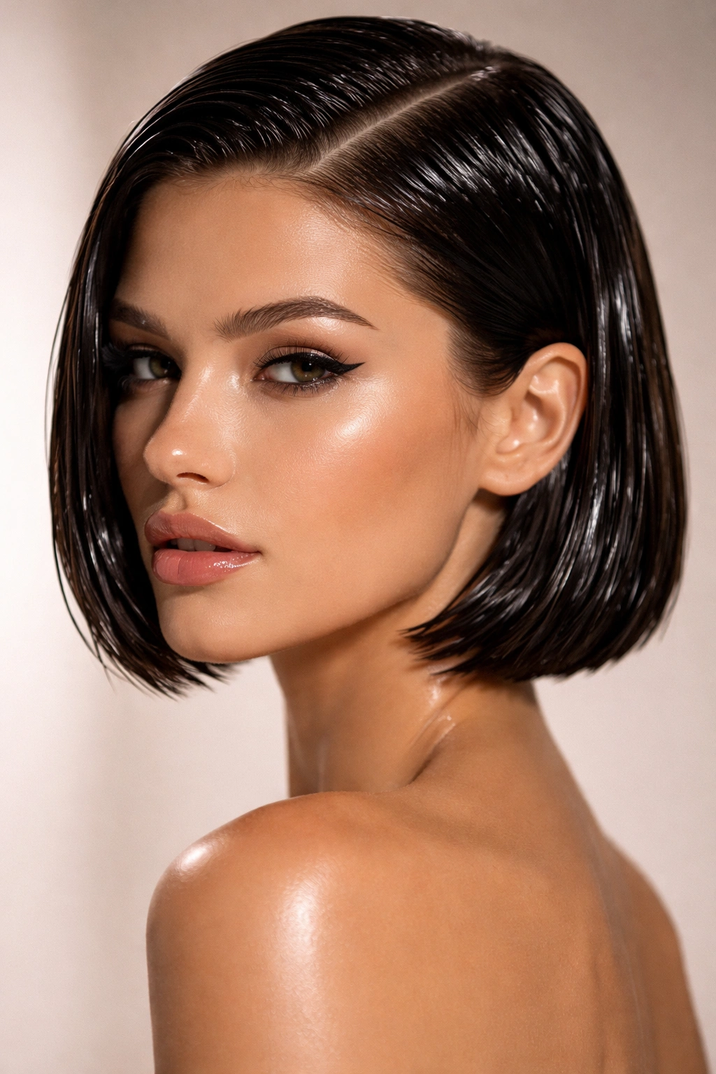 Blunt wet-look bob with high-shine, sleek finish.