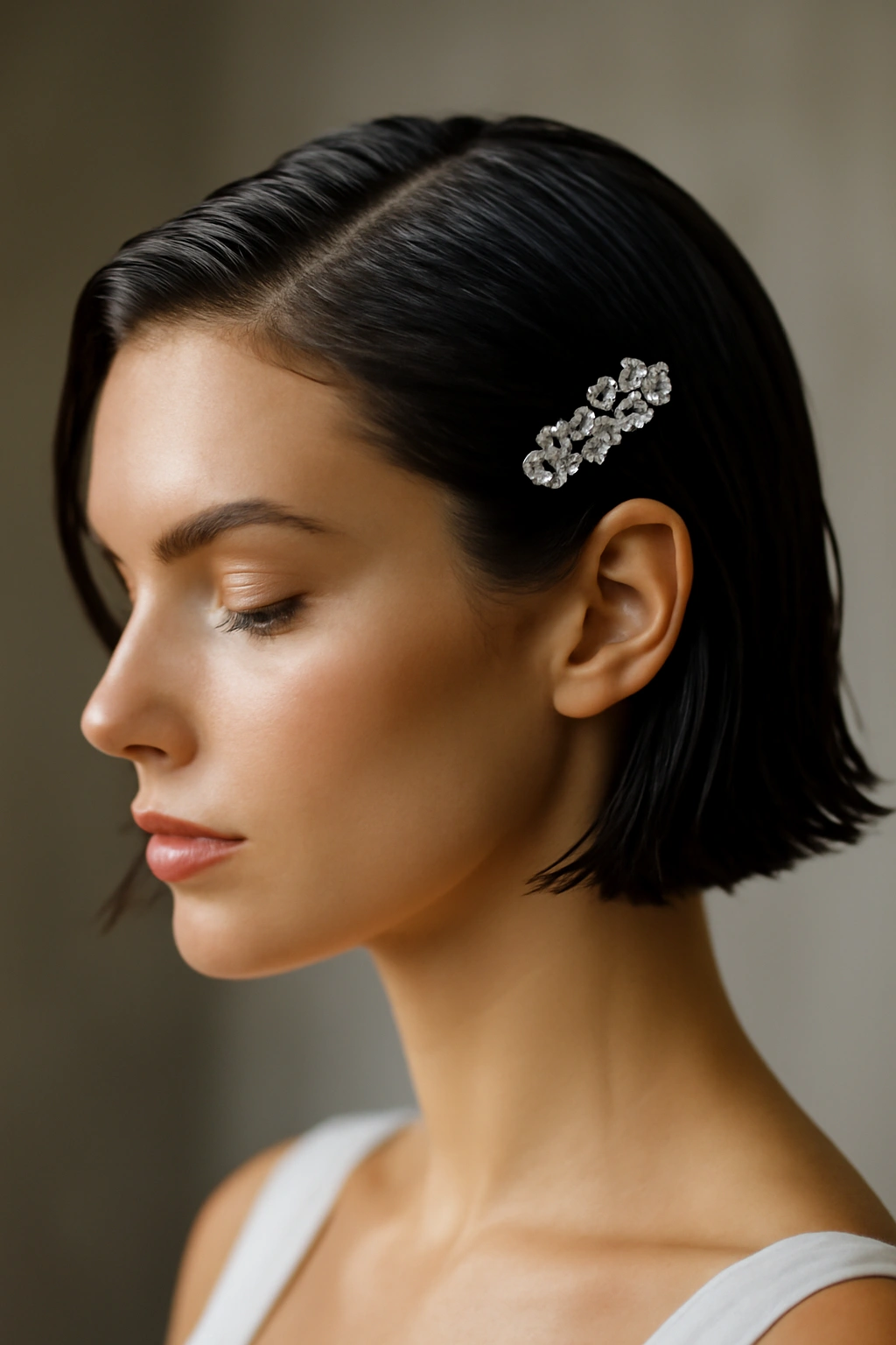 Sleek wet-look bob with a crystal comb