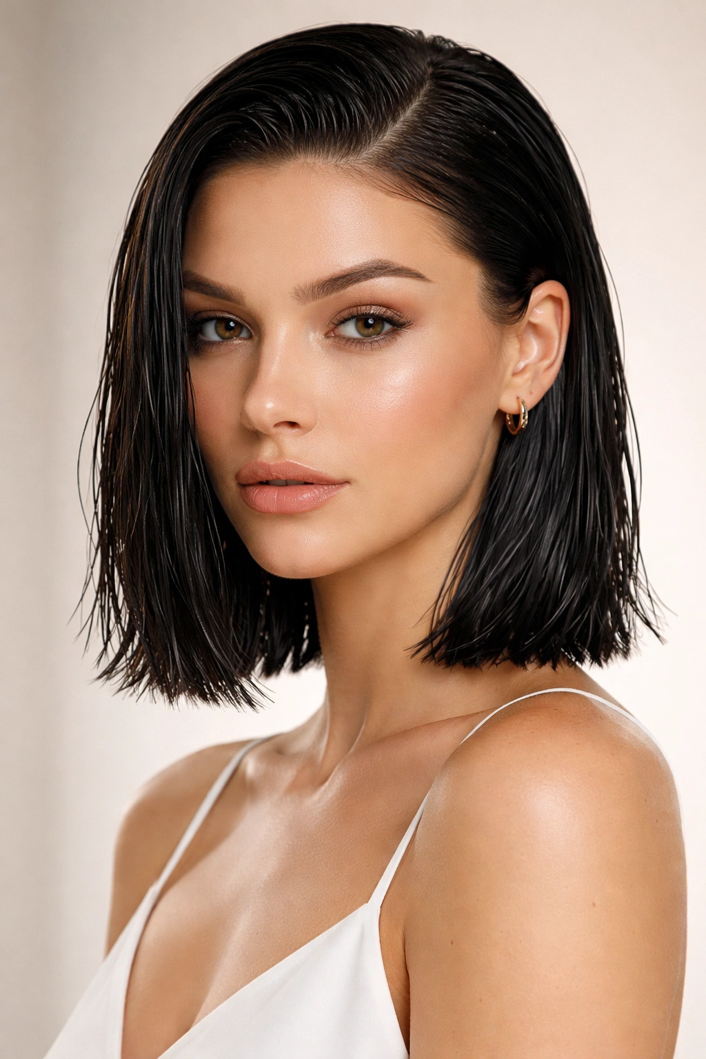 Wet-look shoulder-length bob with glossy, slicked-back strands under studio lighting.