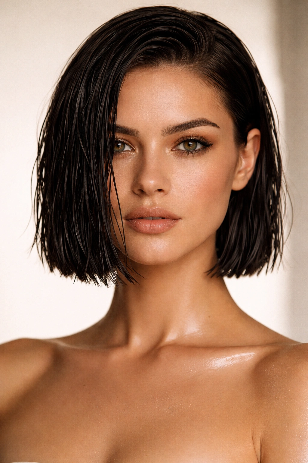 Wet-look bob with blunt chin-length cut and shiny finish