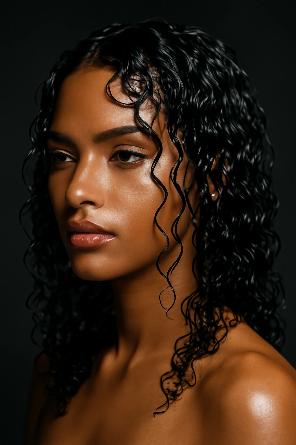 Glossy wet-look curls with uniform shine and defined texture