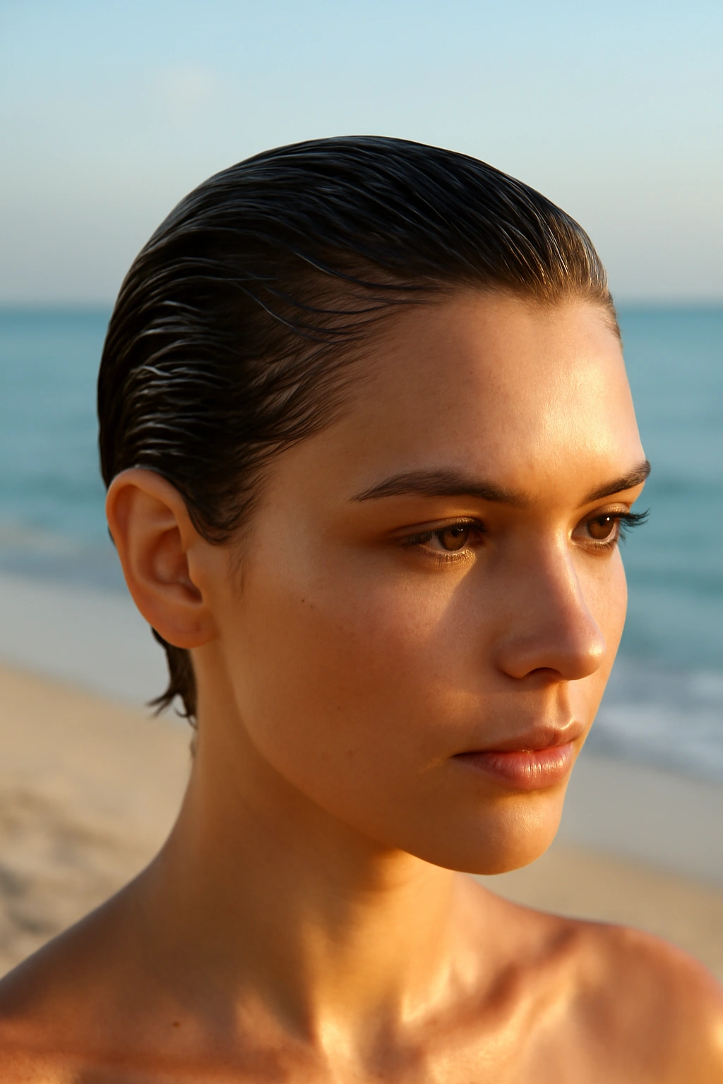 Close-up of short hair with a wet gel look at the beach