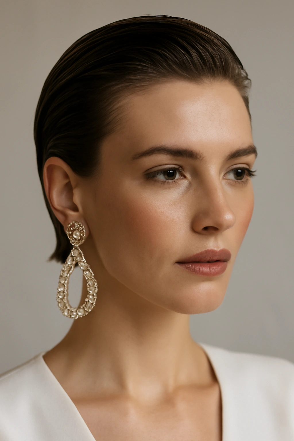 Slicked wet-look hairstyle with statement earrings.