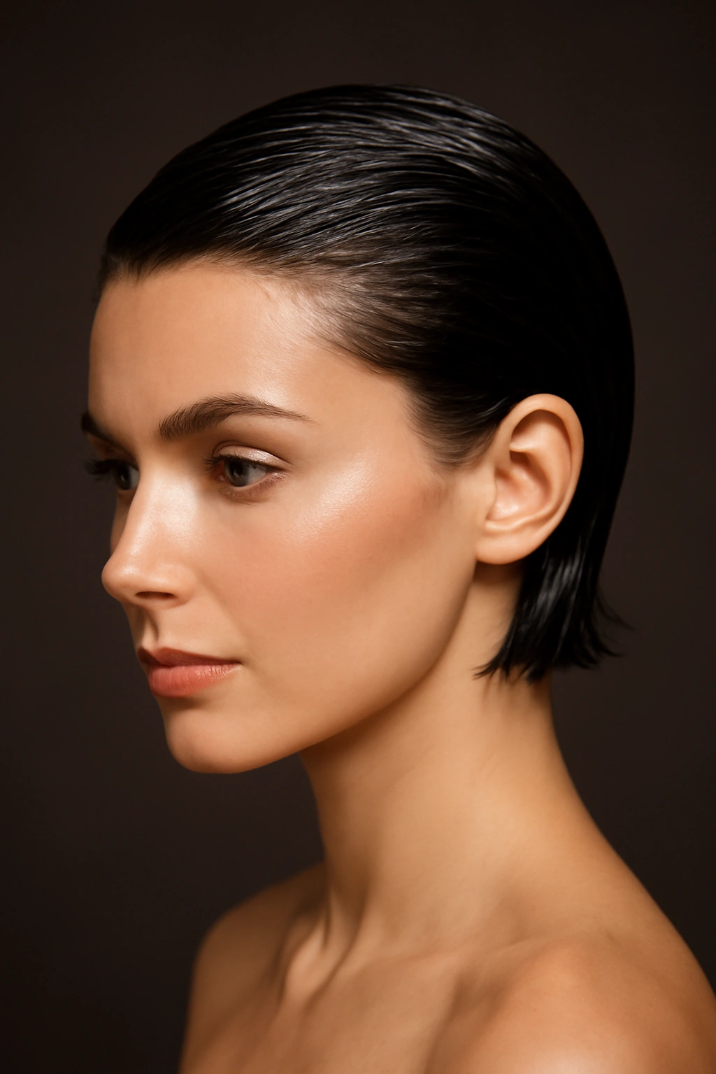 Wet-look glossy, slicked-back short hair in studio
