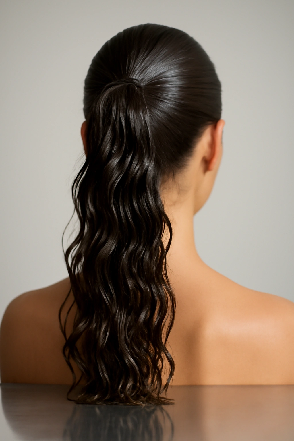 Glossy wet-look wavy ponytail with defined waves