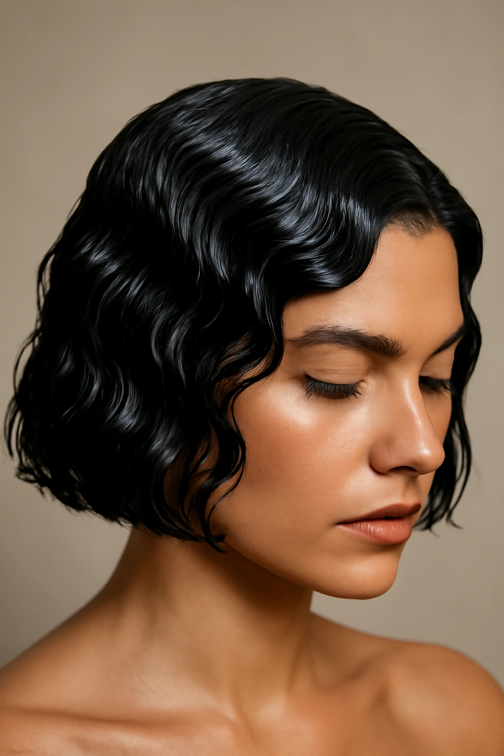 Wet-look waves on jet-black short hair