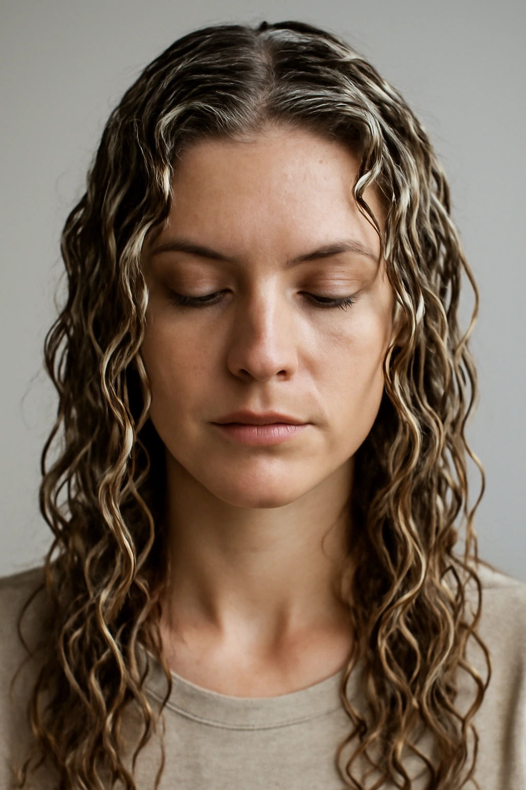 Damp hair with mousse forming wave patterns as it dries