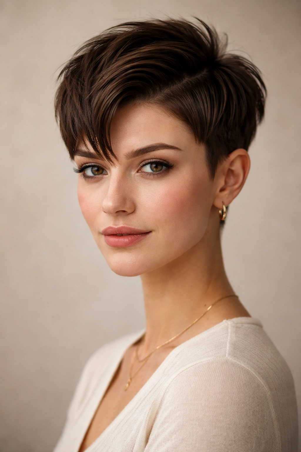 Portrait highlighting a widow's peak pixie with longer center and shorter sides