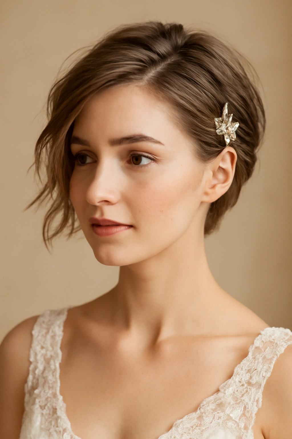 Close-up of a bridal hairstyle featuring wispy face-framing layers and a decorative side pin.