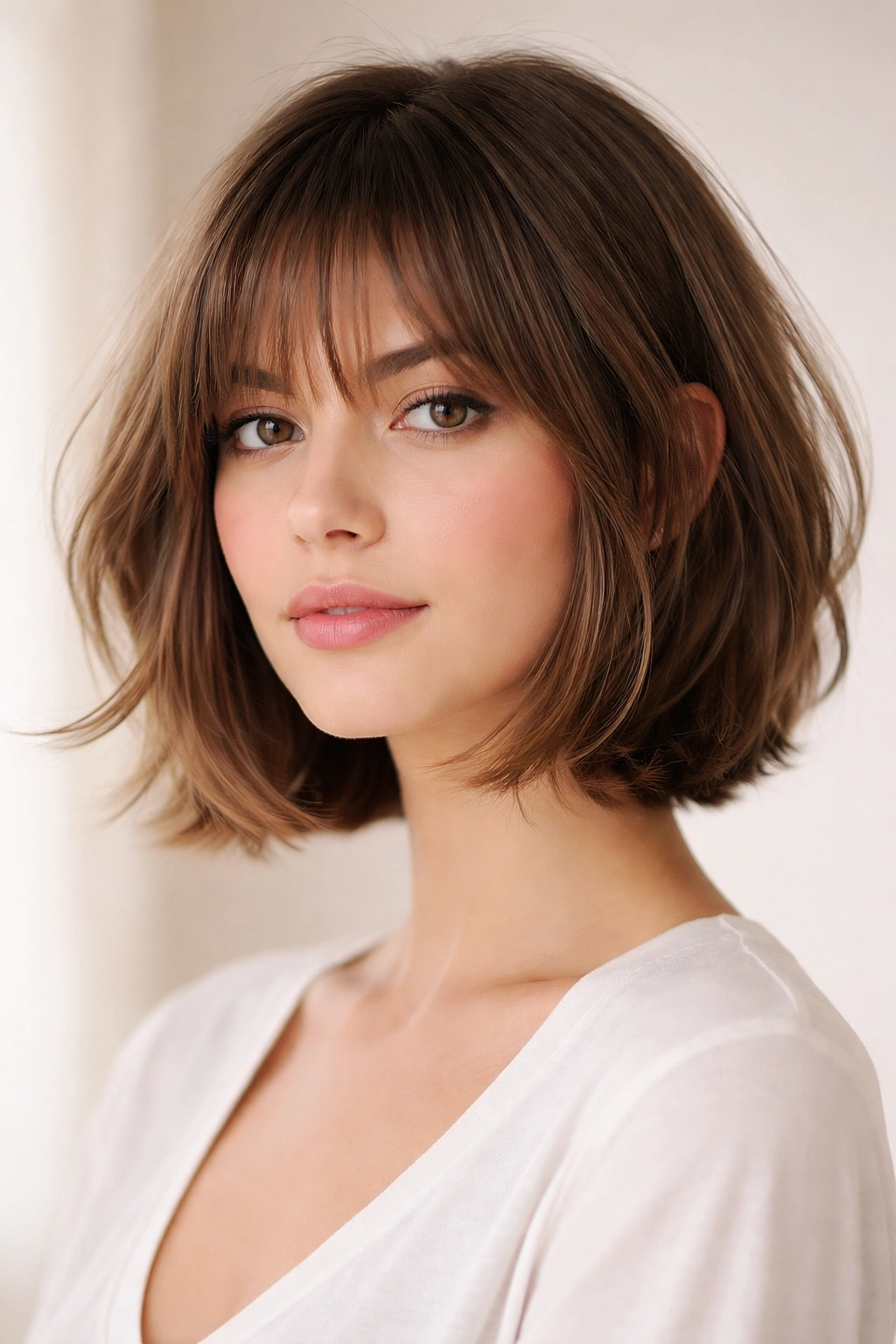 Chin-length cut with wispy bangs blending into the rest