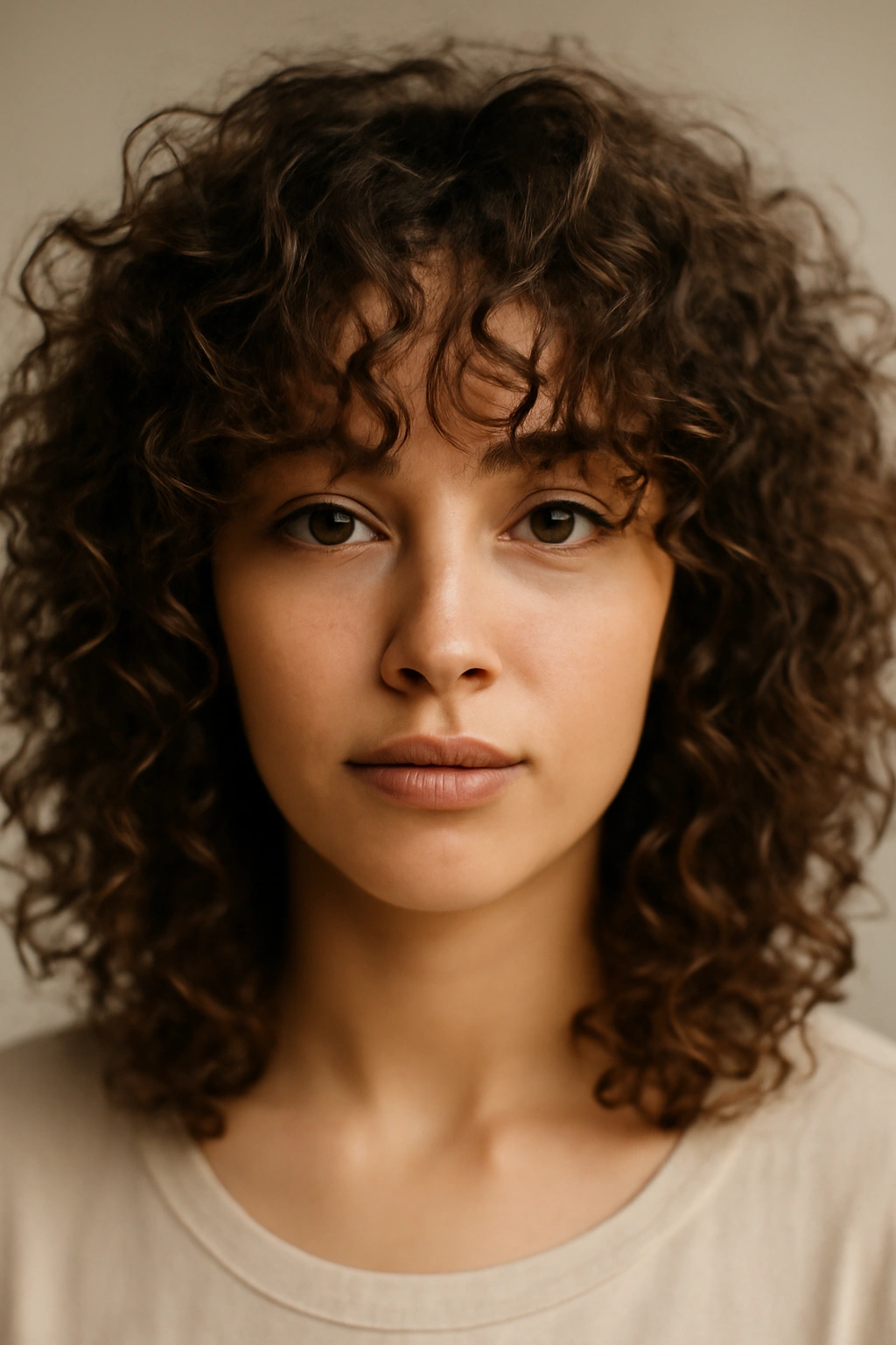 Face with airy wispy bangs on curly hair