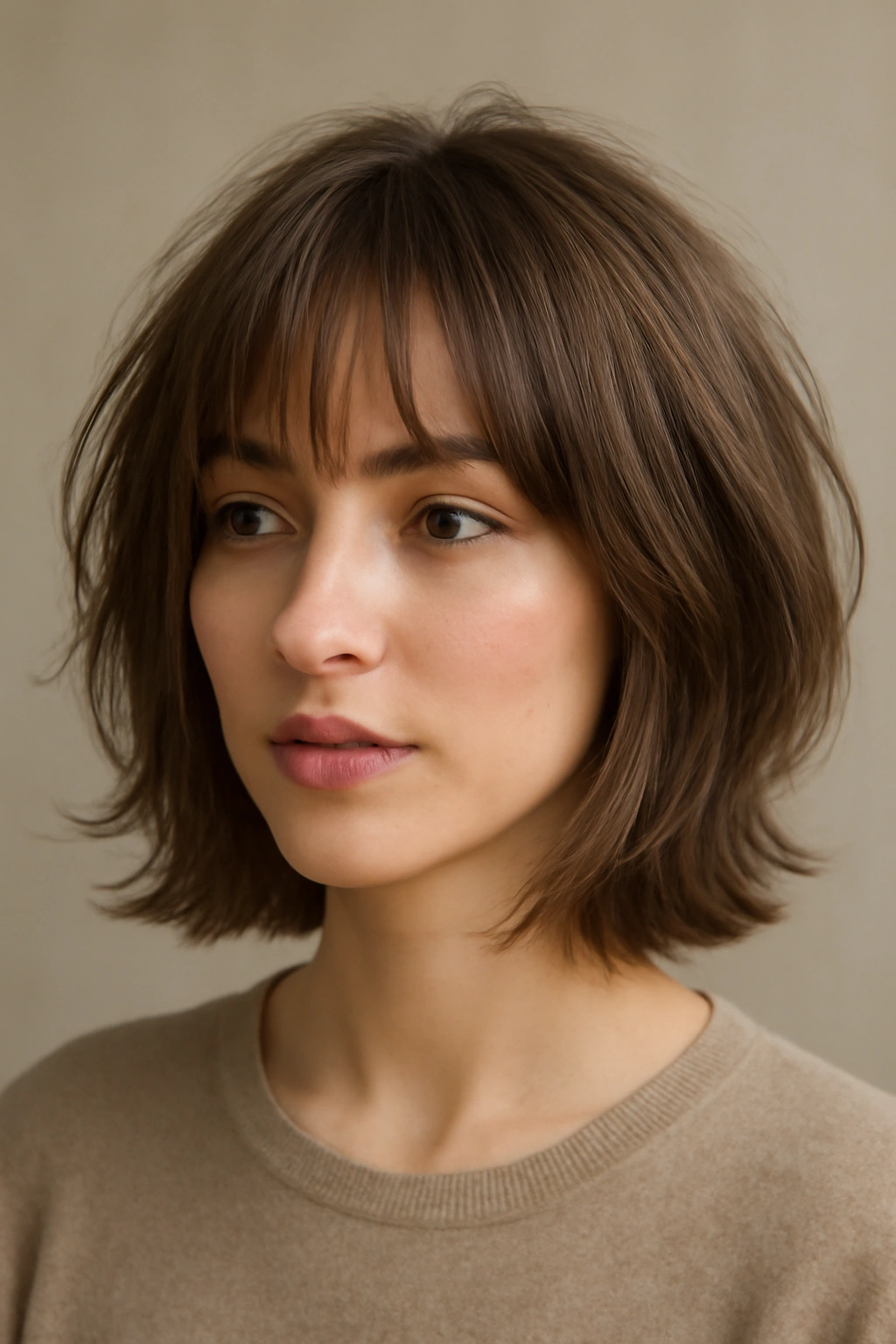 Close-up of a layered bob with soft wispy bangs grazing the eyebrows