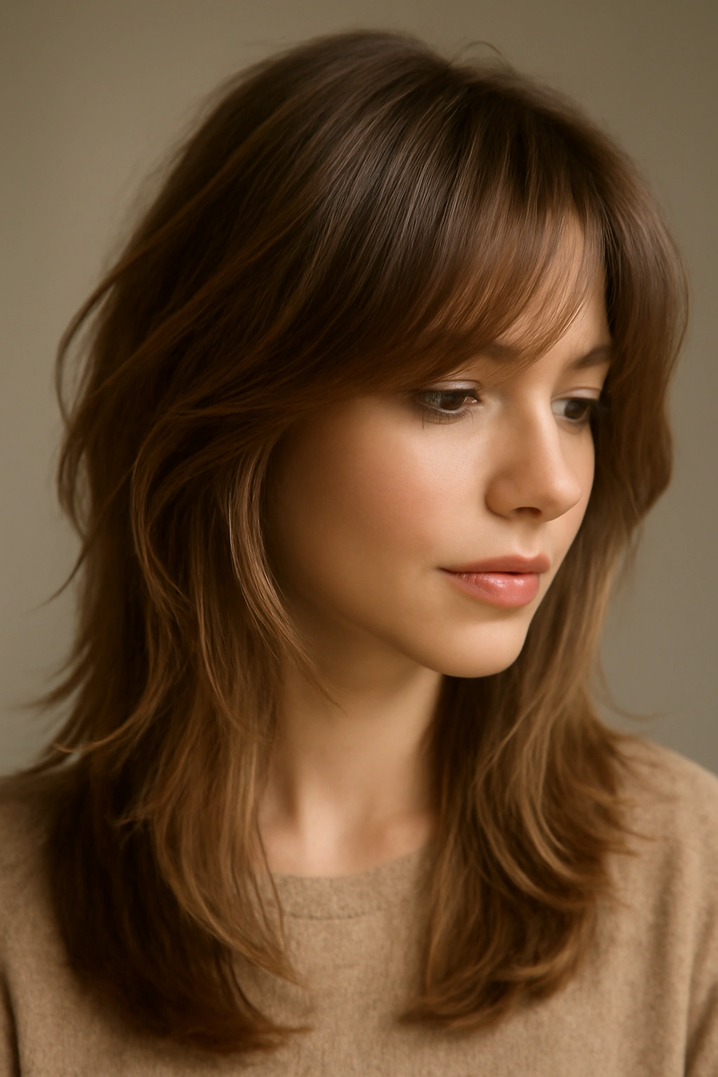 Close-up of wispy bangs blending into layered hair with soft light