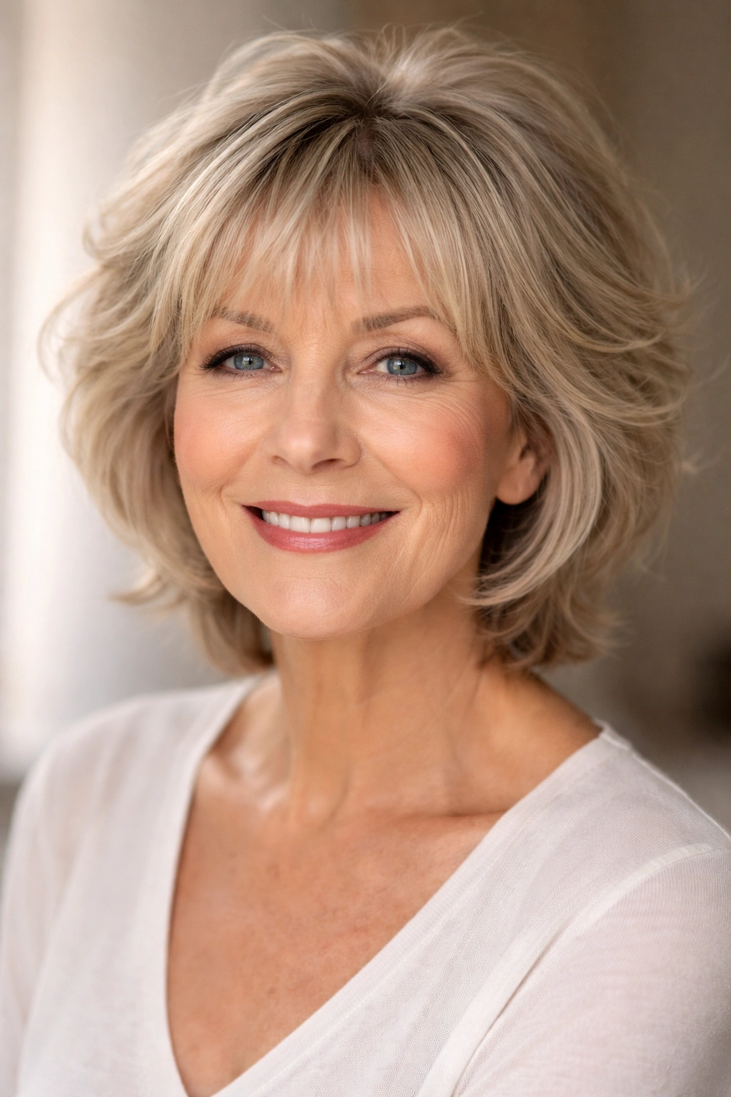Mature woman with wispy bangs and layered top hairstyle