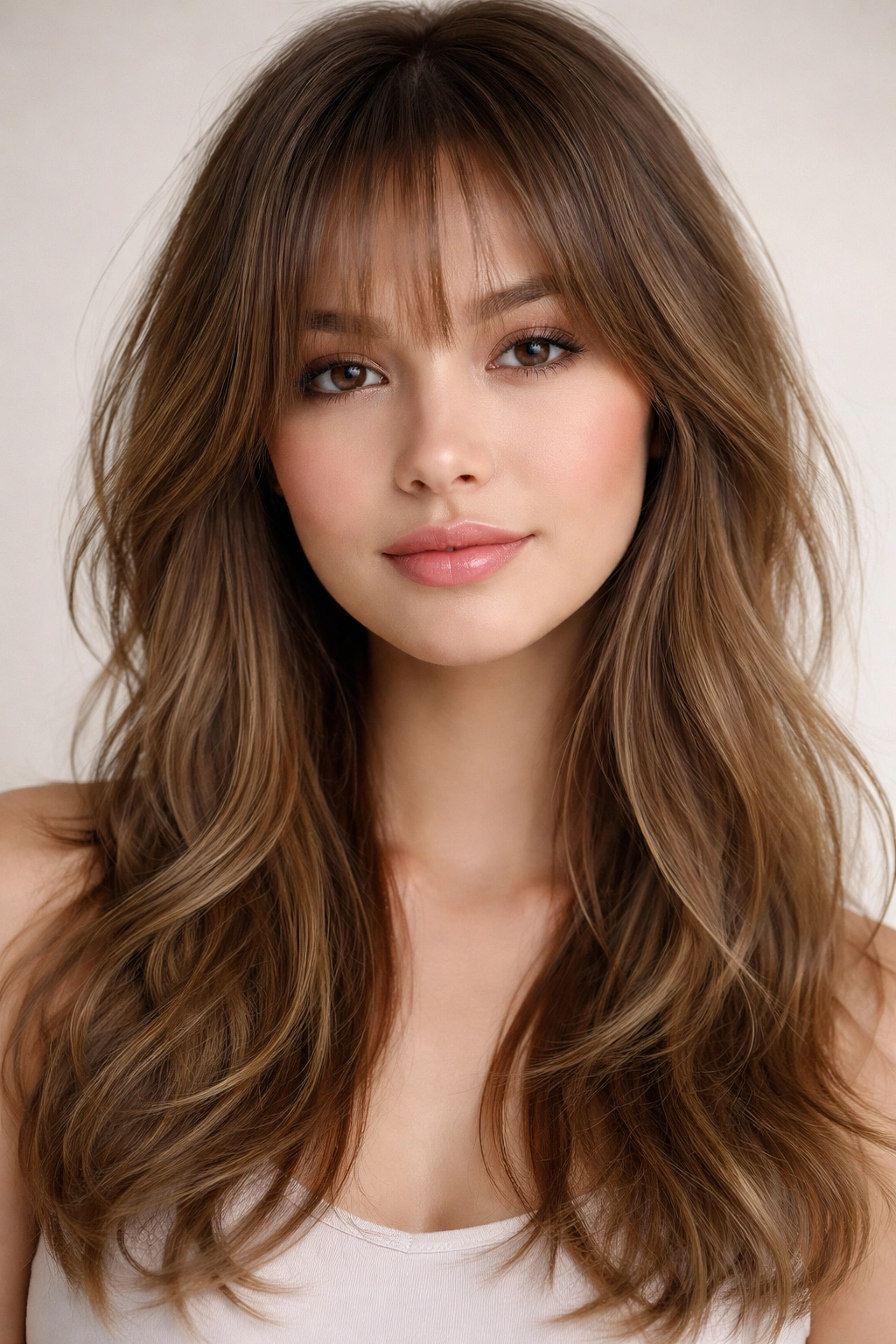 Model with wispy bangs and layered hair framing the face softly