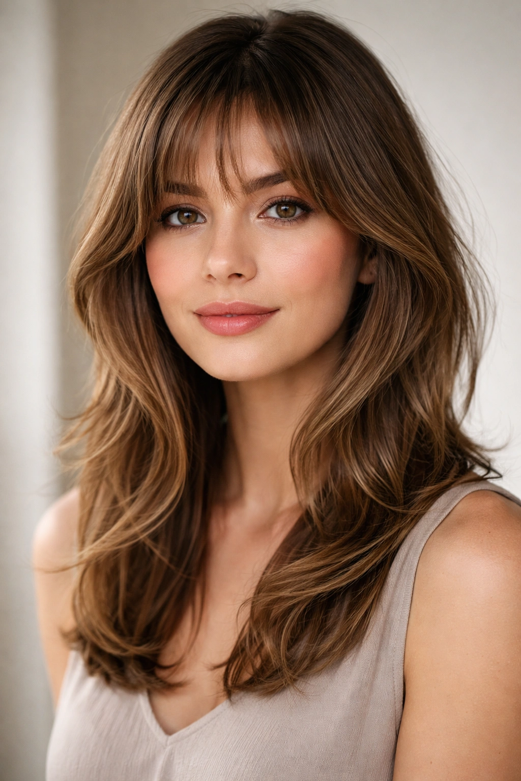Close-up of medium-length hair with wispy angled bangs and layered texture.