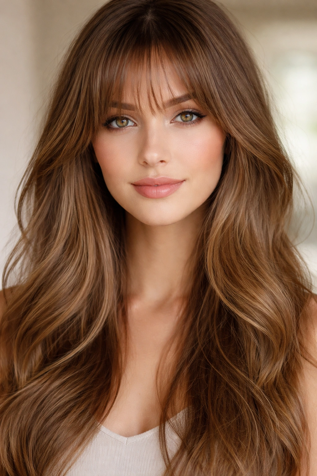 Long hairstyle with wispy bangs blending into hair.