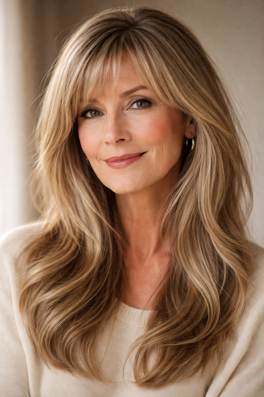 Close-up portrait of wispy bangs blending into longer hair