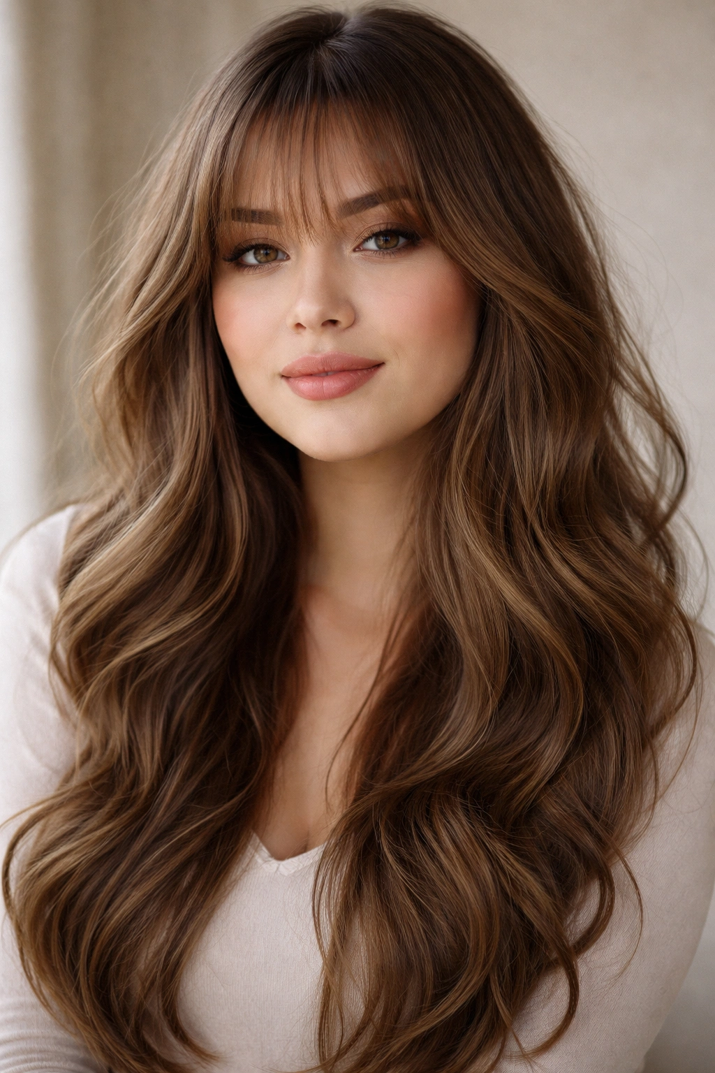 Model with wispy bangs and long hair framing the face in a soft textured style.