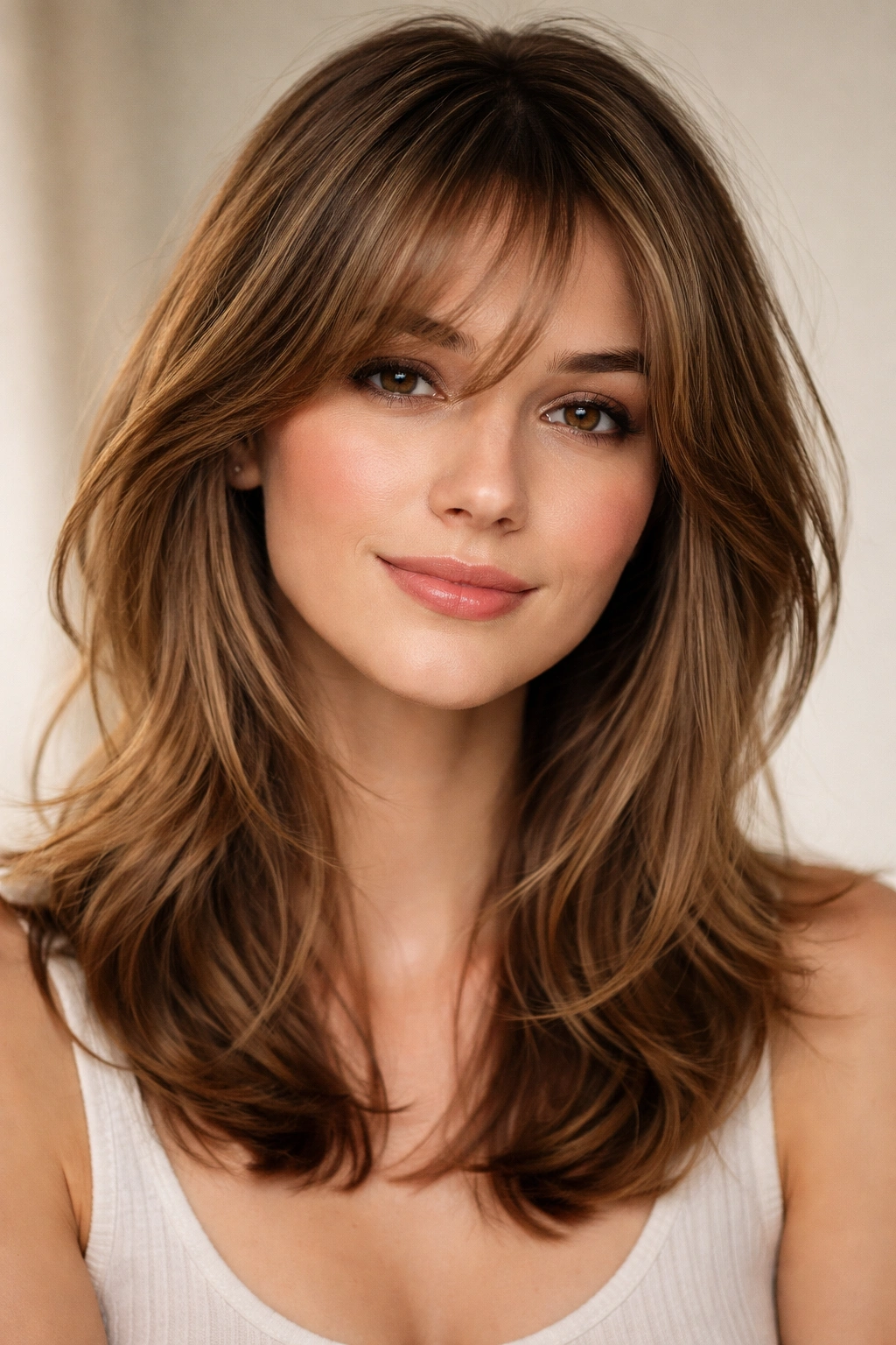 Close-up portrait of a person with wispy side-swept bangs on medium-length hair