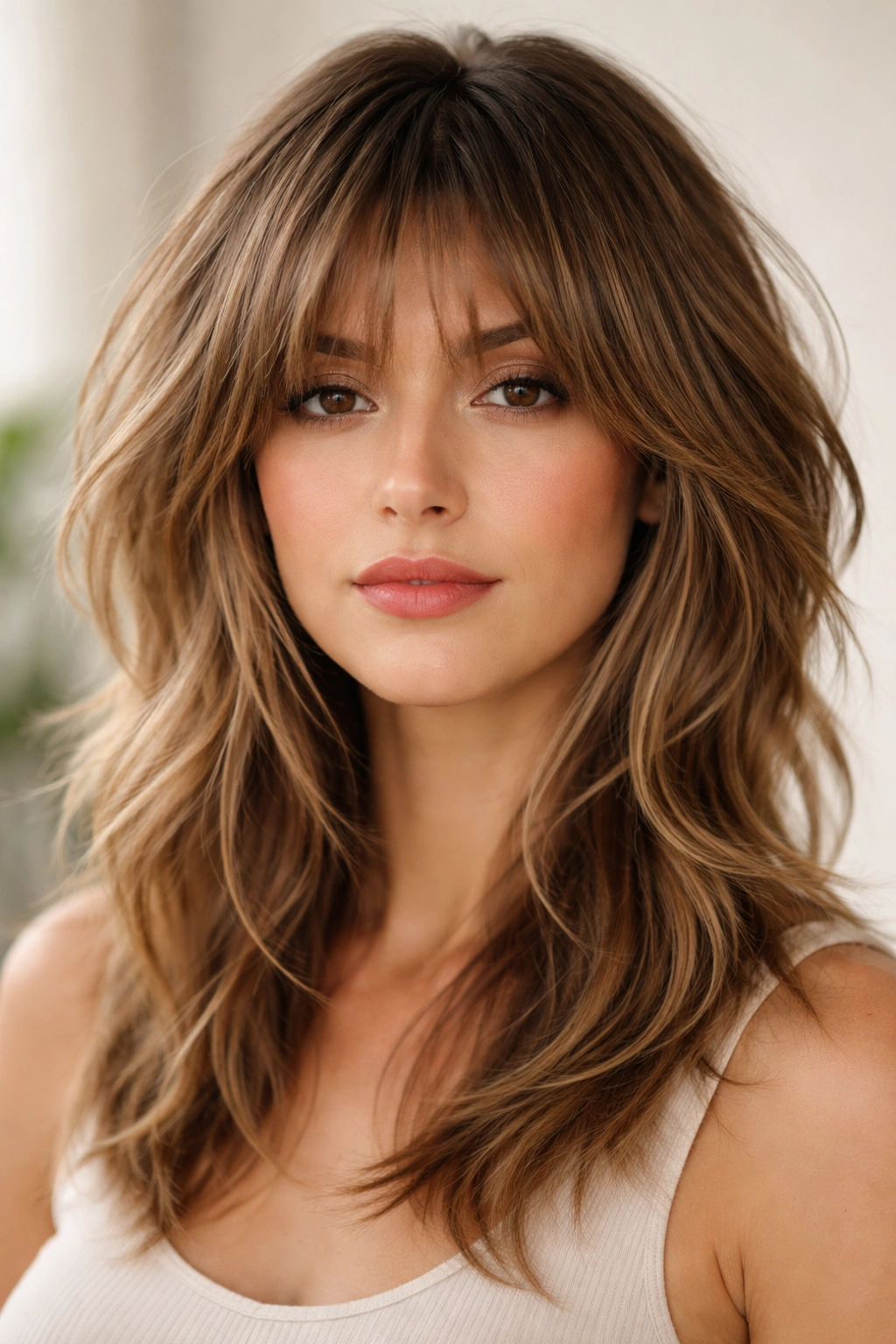 Face-framing wispy bangs integrated into a textured medium shag with layered hair.