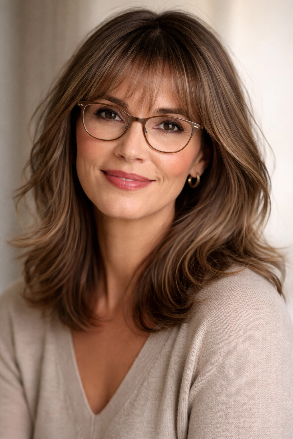 Woman with wispy bangs and shoulder-length hair wearing glasses in a studio portrait