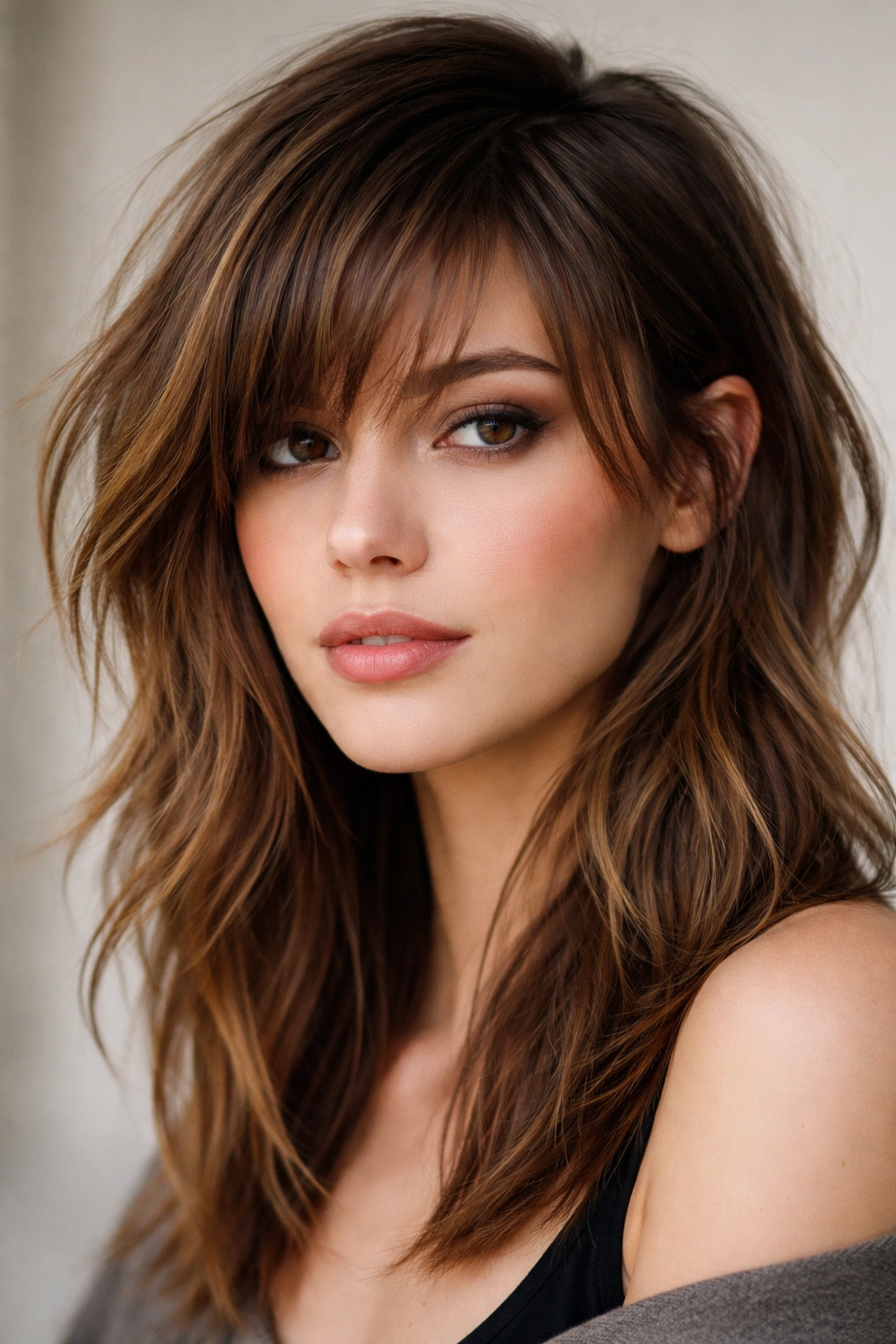 Portrait of a model with wispy choppy bangs and side part showing texture