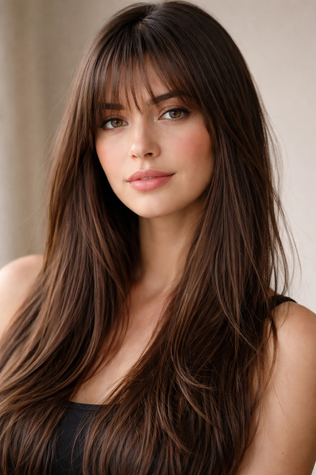 Close-up portrait of wispy feathered bangs with straight hair