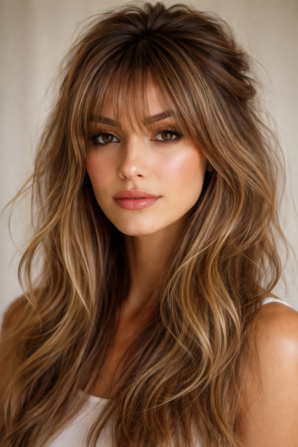 Close-up of wispy bangs and textured crown adding volume