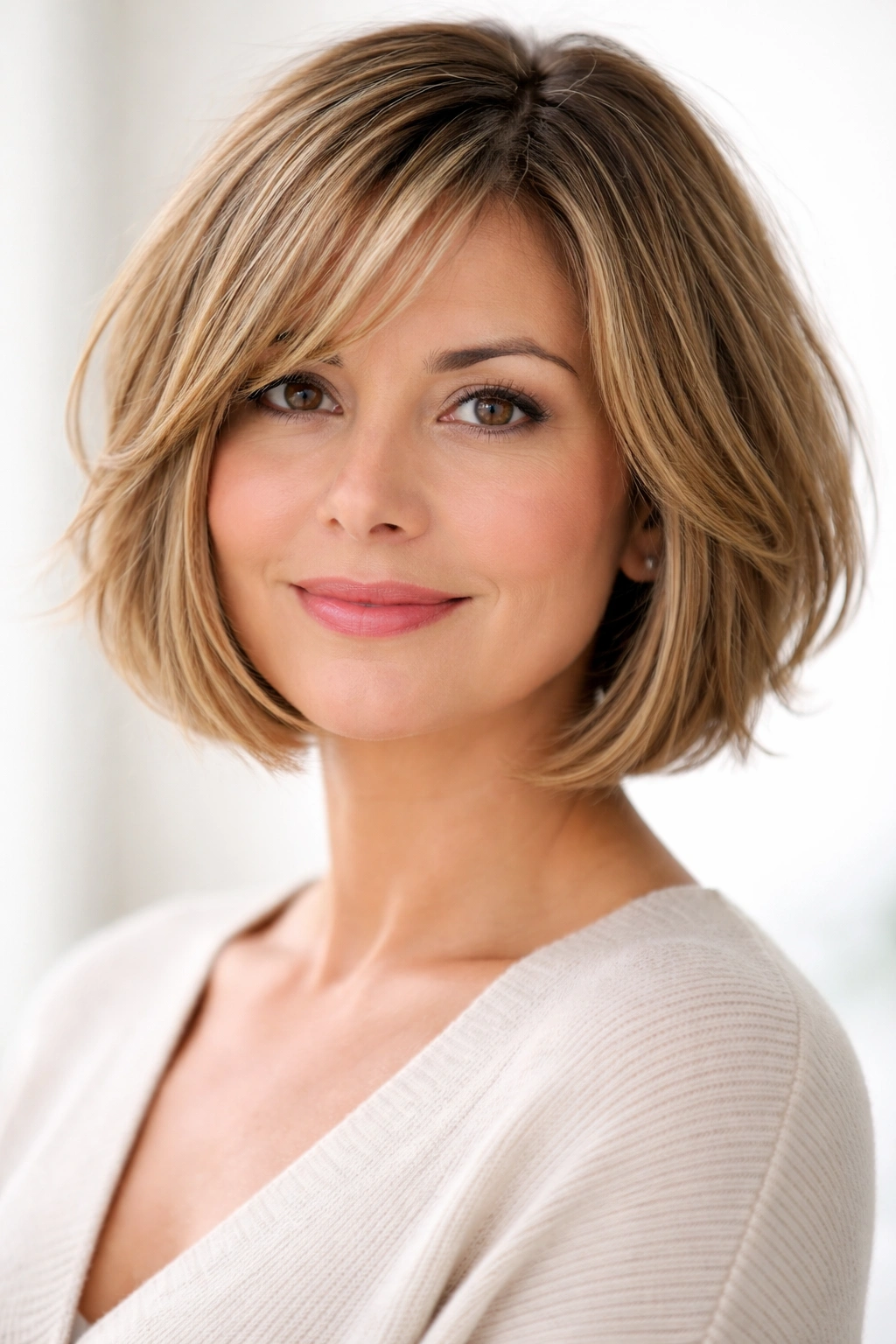 Woman with chin-length bob featuring wispy soft layers