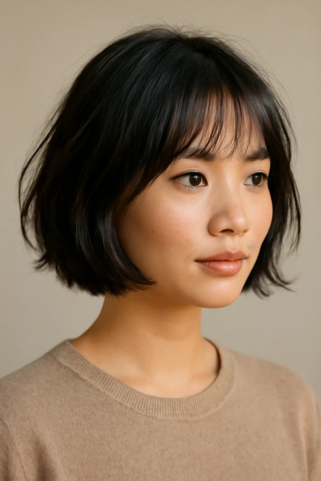 Chin-length wispy bob with soft fringe framing the face
