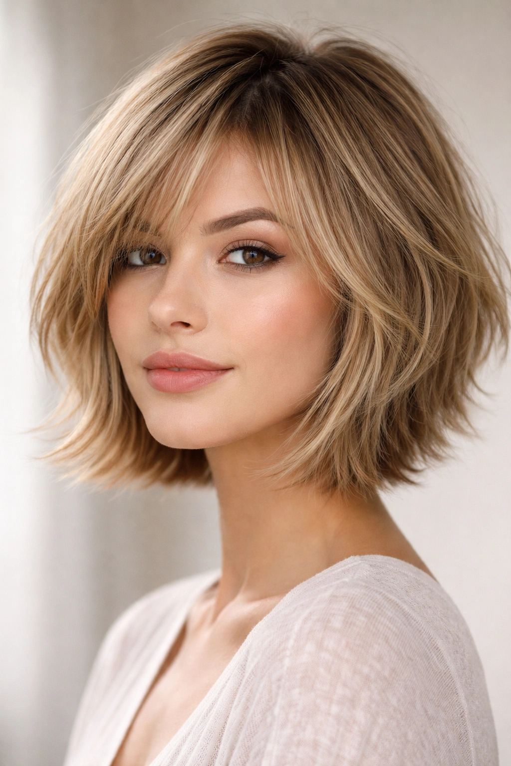 Model with a jaw-length wispy bob featuring feathered, textured edges