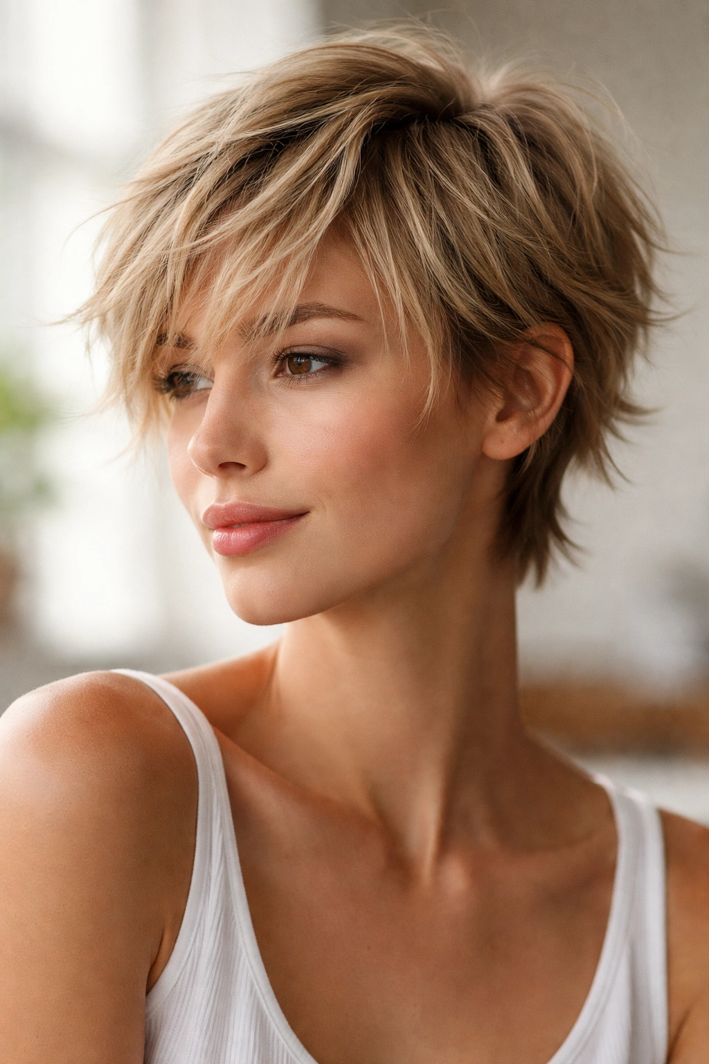 Model wearing a wispy crop with feathered layers and airy texture