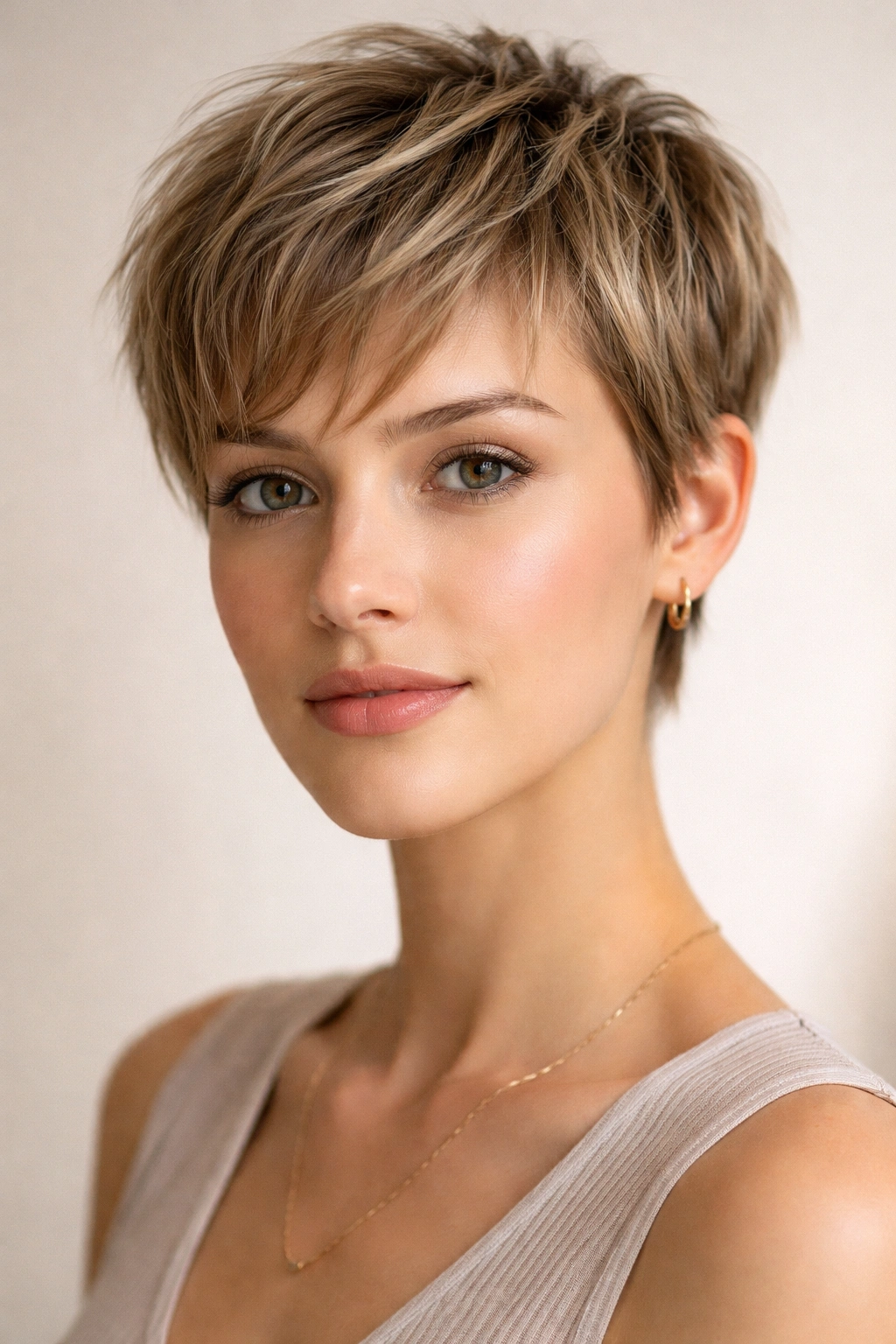 Close-up of an oval-faced model with a wispy short haircut