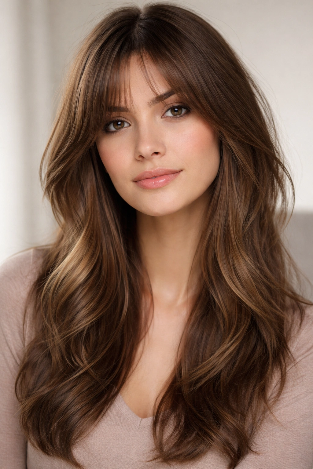 Wispy curtain bangs with layers softly framing the face