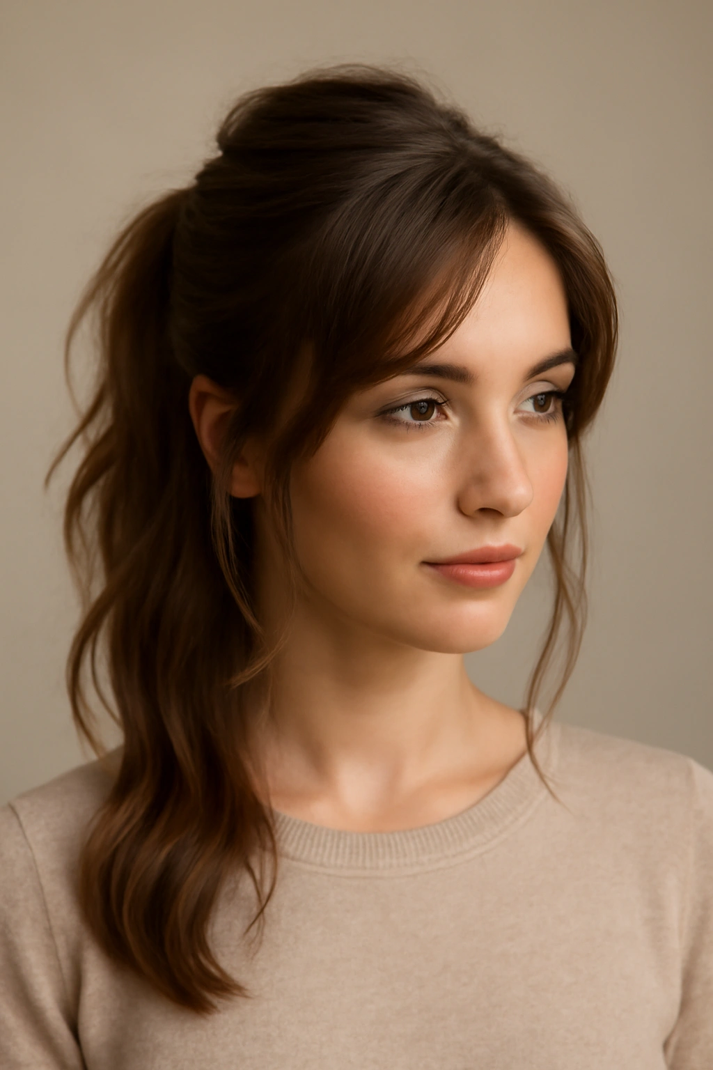 Wispy face-framing pieces with a gathered crown half-updo