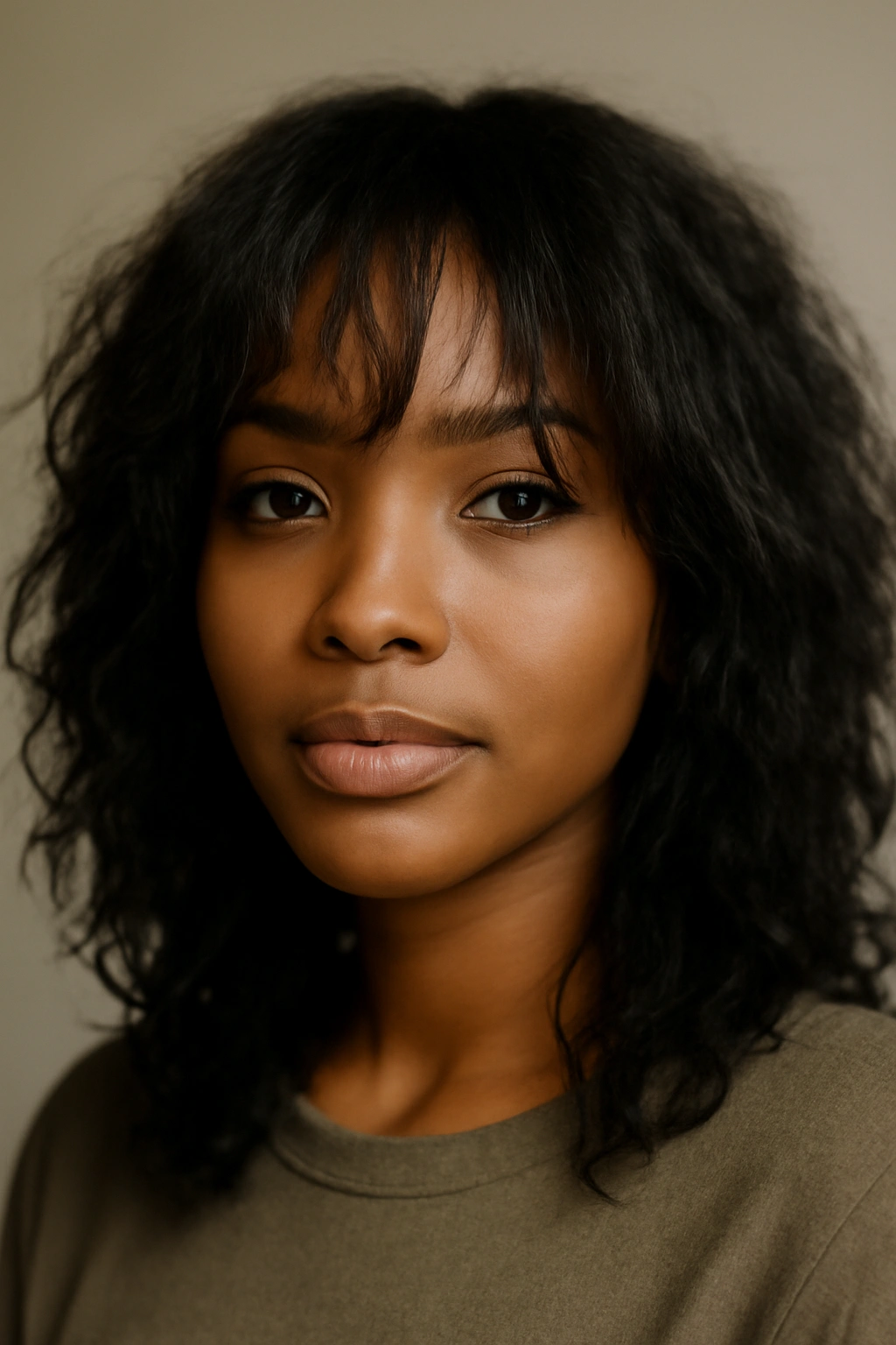 Close-up of a Black woman with wispy feathered bangs and natural curls