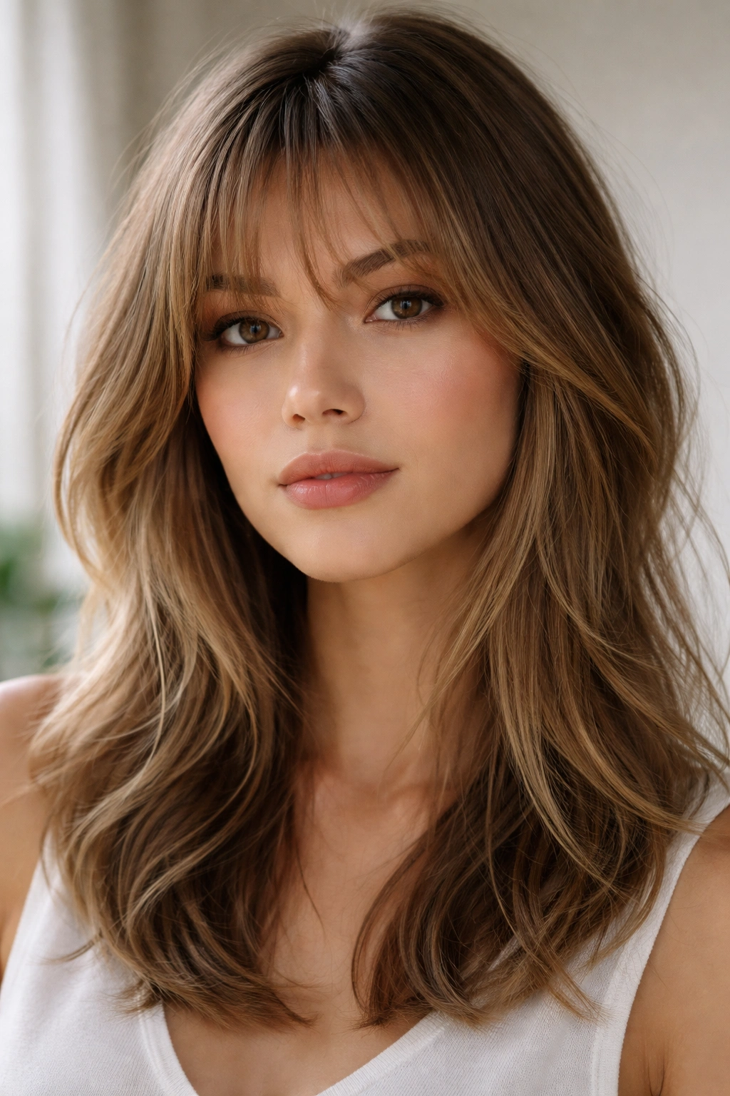 Close-up of wispy feathered bangs framing a medium-length hairstyle with soft tapered ends